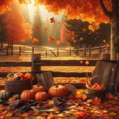 an autumn scene with pumpkins and fall leaves on the ground near a wooden fence