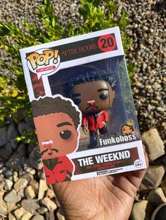 a hand holding up a pop vinyl figure in front of some rocks and plants with the text, pinkololoss the weekend on it