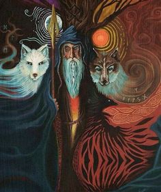 a painting of two wolfs and a wizard