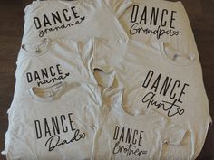 Thank you for your interest in these shirts! These shirts are a great way to show your dancer how much you love, support, and enthusiasm for your superstar. PRINTED IN THE USA, FLORIDA - Family Dance Shirts    - Original Design:       - Grey shirt w/Glitter Black lettering - T-shirt are made with vinyl and heat Press. How to Order: 1) Make the necessary selections:      - Choose style             - Dance Dad, Mom, Brother, Aunt, Grandpa, Grandma, Nana The Dance Dad and Dance Brother shirts are two sided.      - Choose Size             - Available sizes:                   - Adult / X-Small , Adult /Small, Adult / Medium, Adult / Large, Adult / X-Large                    - Youth / X-Small , Youth /Small, Youth / Medium, Youth / Large, Youth / X-Large The letter coloring of these shirts are c Dance Family Shirts, Dance Competitions, Dance Stuff, Reunion Shirts, Dance Mom, Brother Shirts, Dance Shirts, Vinyl Shirts, Spirit Wear