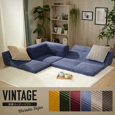 an image of a living room setting with blue couches and rugs on the floor