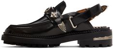 Polished leather loafers in black. Signature hardware throughout. · Almond moc toe · Adjustable slingback strap with pin-buckle fastening · Logo stamp at padded leather footbed · Serrated detailing at welt · Treaded rubber outsole · Silver-tone hardware · Heel: H1.5 in Supplier color: Black Slingback Loafers, Toga Pulla, Signature Hardware, Logo Stamp, Leather Loafers, Almond, Silver Tone, Black Leather, Loafers