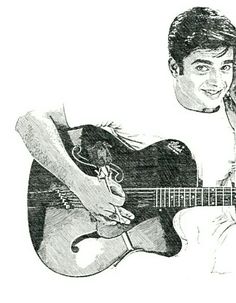 a black and white drawing of a young man playing an acoustic guitar with his right hand