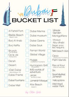 the dubai bucket list is shown in blue and white