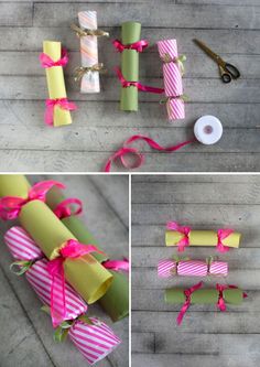 several different pictures of wrapped presents on the ground with ribbons and tape around them, all tied together