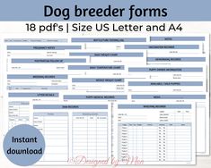 the printable dog breeder chart is shown in three different sizes and colors, including blue