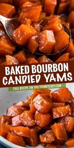 baked bourbon candied yams in a white bowl