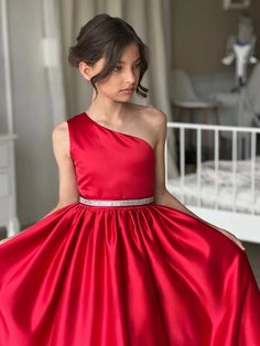 Stunning Red One Shoulder Couture Wedding Flower Girl Satin Gown Satin Dresses For Kids, Girls Communion Dresses, Satin Flower Girl Dress, Satin Belt, Soiree Dress, Crystal Belt, Girls Pageant Dresses, Christening Dress, Kids Dresses