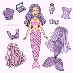 a paper doll with purple hair and other items for her dress up role in the little mermaid movie