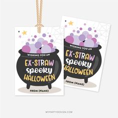 two halloween tags with the words ex - straw and spooky boozy on them