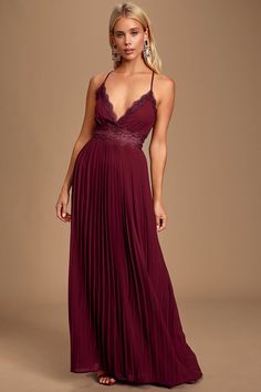 Romantic Intentions Burgundy Lace Pleated Backless Maxi Dress has us in the mood for love! Intricate crochet lace frames a plunging surplice bodice while adjustable spaghetti straps crisscross over a sultry open back. Pierced lace waist sits above a stunning pleated maxi skirt, formed by gorgeous woven Georgette fabric. Hidden back zipper/clasp. Fully lined. Shell 1 & 2: 100% Polyester. Lining: 100% Polyester. Hand Wash Cold. Imported. In The Mood For Love, Burgundy Maxi Dress, Chiffon Long Dress, Mood For Love, Blue Bodycon Dress, Backless Maxi Dress, Beautiful Dress Designs, Pleated Maxi Skirt, Burgundy Lace