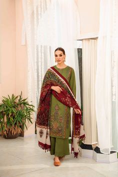 Brand: NishatProduct Code: 42303009Collection: Nishat With You Winter Unstitched CollectionFabric: Karandi DESIGN DETAILS: SHIRTDyed Karandi Shirt: 3 MeterEmbroidered Front + BorderFabric: KarandiColor: Green SHAWLSilk Shawl: 2.5 MeterFabric: SilkColor: Red TROUSERSDyed Karandi Trousers: 2.5 MeterFabric: KarandiColor: Green DISCLAIMER:* Lining, Laces, and Tassels are not included in unstitched variants.* Embellishment items in stitched outfits are subject to market availability.* The actual colo Alkaram Studio, Online Shopping Websites, Extra Fabric, Fabric Stores Online, Shopping Websites, Designer Suits, Pakistani Fashion, Nice Tops, Formal Wear