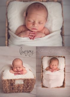 a baby sleeping in a basket with his eyes closed