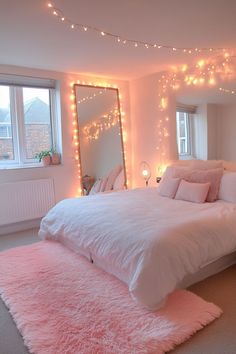 a bedroom decorated in pink and white with fairy lights