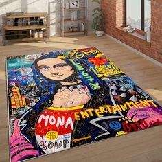 a large rug with an image of a woman on it