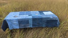 a blue table cloth sitting on top of a grass covered field next to tall dry grass