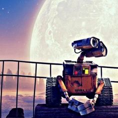 a robot sitting on top of a wooden bench in front of a giant moon and sky