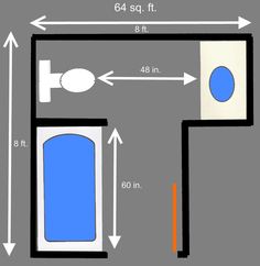 the floor plan for a bathroom is shown in blue and white with arrows pointing to it