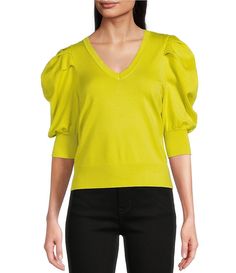 DKNY Short Pleated Puffed Elbow Sleeve V-Neck Knit Top | Dillard's Trendy Puff Sleeve V-neck Top For Fall, Fall V-neck Puff Sleeve Top With Blouson Sleeves, Chic Stretch Puff Sleeve Top With V-neck, Chic Stretch V-neck Puff Sleeve Top, Spring Fitted V-neck Puff Sleeve Top, Fall Puff Sleeve V-neck Top With Blouson Sleeves, Fitted V-neck Puff Sleeve Top For Spring, Fall V-neck Puff Sleeve Top For Work, Spring Puff Sleeve Top With Blouson Sleeves