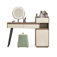 a vanity with a mirror and stool in front of it on a white background,