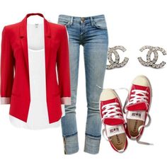 Relax rojo Outfits With Converse, Outfit Jeans, Mode Casual, Pinterest Fashion, Fashion Mode, Mode Inspiration, Outfit Casual, Polyvore Outfits, Red Jacket