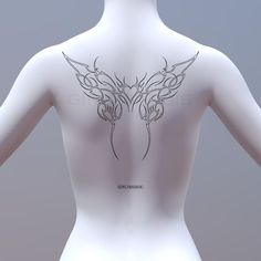 the back of a woman's body with an intricate tattoo design on her chest