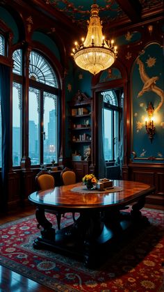 an ornate dining room with chandelier and large windows overlooking the cityscape