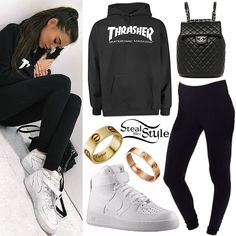 Madison Beer: Thrasher Hoodie, High-Top Sneakers Air Force 1 High Tops Outfit, High Tops Outfit, Air Force 1 High Tops, High Top Air Force