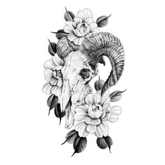 an animal skull with horns and flowers on it