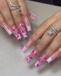 Valentine’s Day Nail Sets, Short Acrylic Nails Designs Pink, Pink Heart Nail Designs, Cute Valentines Nails Pink, Pink Fire Nails, Acrylic Nail Designs Pink, Cute Medium Length Nails, Pink Girly Nails, Pink And White French Tip