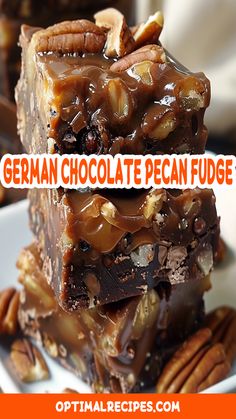 german chocolate pecan fudge is stacked on top of each other