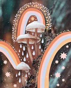 there are many mushrooms growing out of the ground with raindrops on them and stars in the background