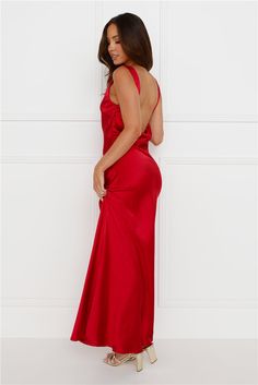 Length from shoulder to hem of size S: 143cm. Chest: 40cm. Waist: 37cm. across front only of size S. Maxi dress. Unlined. Model is a standard XS and is wearing size XS. True to size. Non-stretch. Satin. High neckline. Open back. Cowl detail to back. Zipper with hook eye closure. Cold hand wash only. Polyester. This captivating maxi dress is everything you could want. The Classy Entrance Satin Slip Maxi Dress features a high neckline. an open back with a cowl detail and a gorgeous silky satin fabrication. Style with heels and curls. Slip Maxi Dress, Maxi Dress Red, Satin Slip, Stretch Satin, Hook Eye, Classy Dress, Dress Red, High Neckline, Open Back