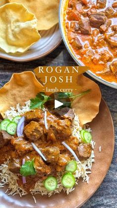 the cover of rogan josh lamb curry is shown on a plate with tortilla chips