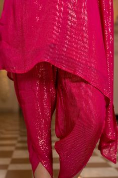 One Shoulder Asymmetrical Kaftan, Easy Fit Pants. Featuring a one-shoulder Fuschia draped kaftan in a lurex georgette blend base. It is paired with matching pants. Delivery time 15 to 20 days Draped Kaftan, Color Fucsia, Matching Pants, Fit Pants, Anarkali, Body Measurements, Workout Pants, Red Leather Jacket, Shoulder Top