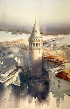 an artistic painting of a tower in the middle of a city