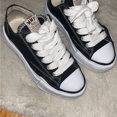 Size 36, Worn Once Black Sneakers With Contrast Sole, Black Closed Toe Canvas Shoes With Vulcanized Sole, Black Vulcanized Sole Canvas Shoes, Black Lace-up Canvas Shoes With Cushioned Footbed, Black Lace-up Sneakers With White Laces, Maison Mihara, Women's Sneakers, Womens Shoes Sneakers, Womens Sneakers