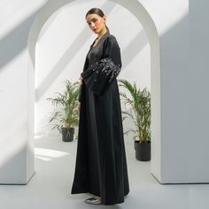 Mikado Abaya With Antique Grey Sequin On Bell Sleeves | Azzalia | Wolf & Badger Abaya With Belt, Luxury Abaya, Wedding Abaya, Abaya Black, Gifts For New Mums, Pearl Jewellery Earrings, Independent Designers Fashion, Fashion Labels, Badger