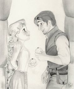 a pencil drawing of a man and woman looking at each other