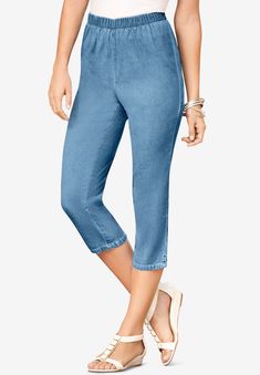 The cute capri version of our best easy-on, everyday jean by Denim 24/7®. Made to fit like a legging but look like a jean, with plenty of spandex for Jean Collection, Jean Jean, White Capri Pants, Woman Jeans, Comfortable Jeans, Plus Size Pants, Swimsuits For All, Classic Jeans, Current Fashion Trends