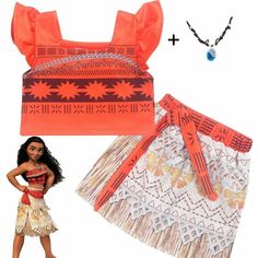 the doll is wearing an orange top and skirt with red trimmings on it