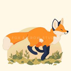 an orange fox is running through the grass