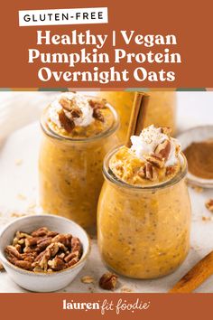 healthy vegan pumpkin protein overnight oats in mason jars with cinnamon and pecans