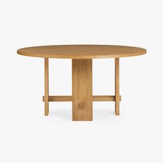 a round wooden table with two legs and an oval top, on a white background