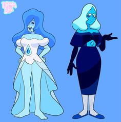 two cartoon characters are dressed in blue and white outfits, one is wearing an ice queen costume