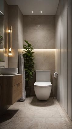 a bathroom with a toilet, sink and mirror next to a plant in the corner