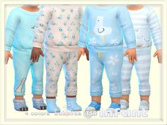 three children's pajamas are shown in blue and white