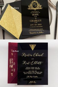 the wedding stationery is black and gold