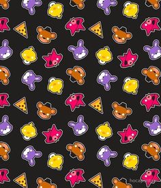 a black background with many different colored stickers on it's side, including teddy bears and pizza slices