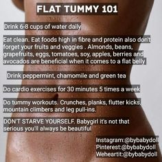 the back of a woman's stomach with information about how to eat tummy 101